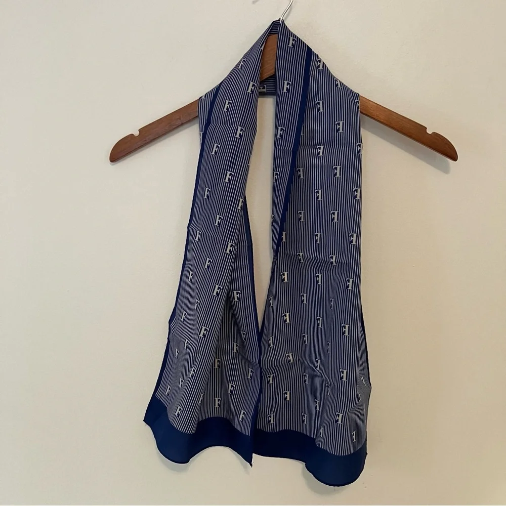 VTG Monogramed Blue Strip Rectangle Scarf Japan Preppy 10.5in X 46in Nautical